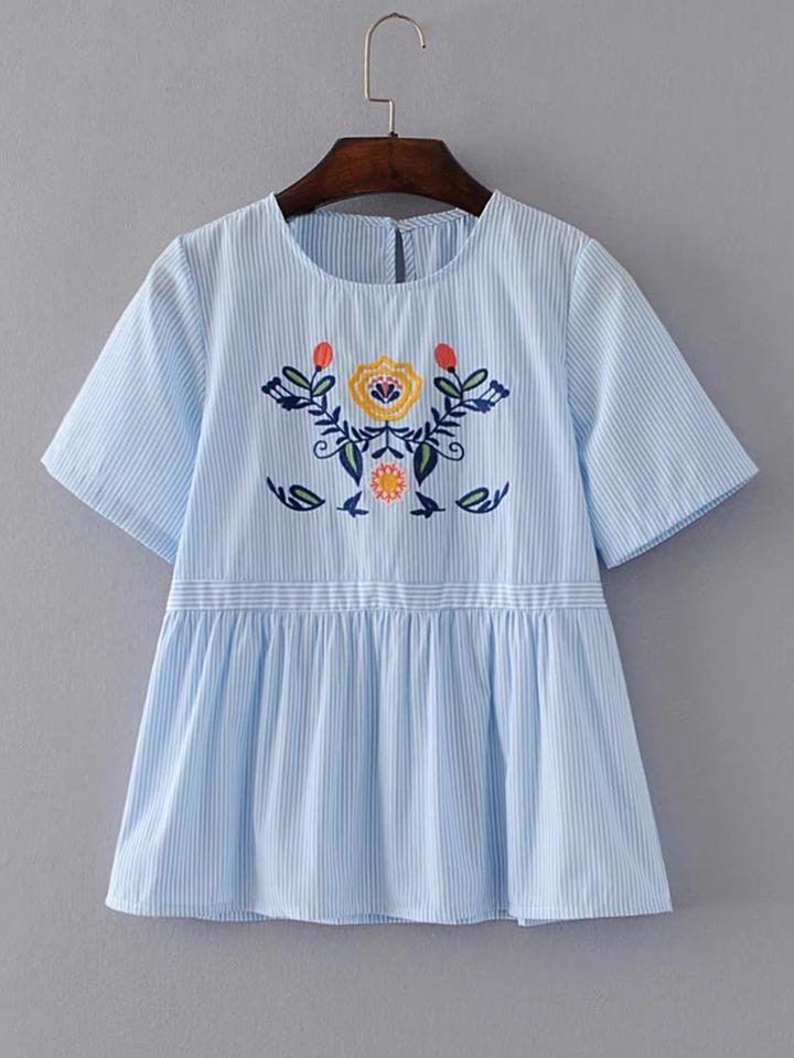 Romwe Flower Embroidery Pinstripe Blouse