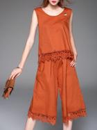 Romwe Orange Backless Belted Crochet Hollow Out Jumpsuit