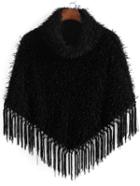 Romwe Turtleneck Tassel Fuzzy Sweater Poncho