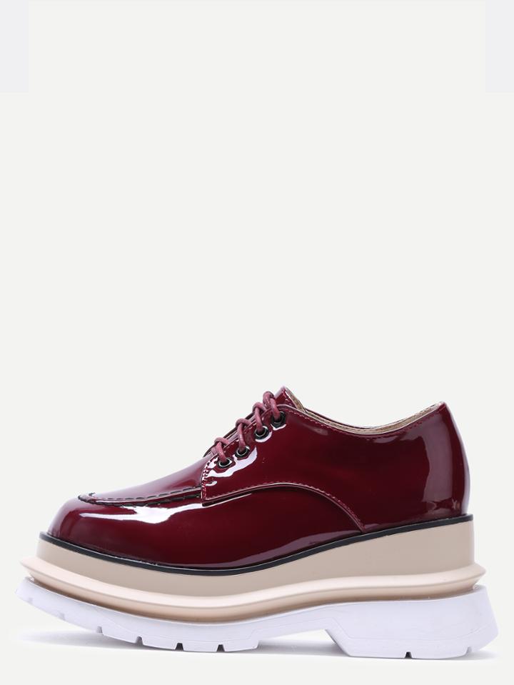Romwe Burgundy Patent Leather Lace Up Flatform Shoes