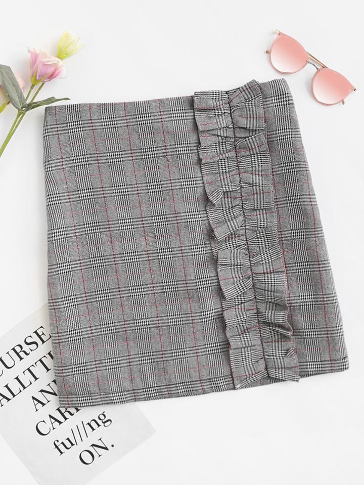 Romwe Ruffle Trim Wales Check Skirt