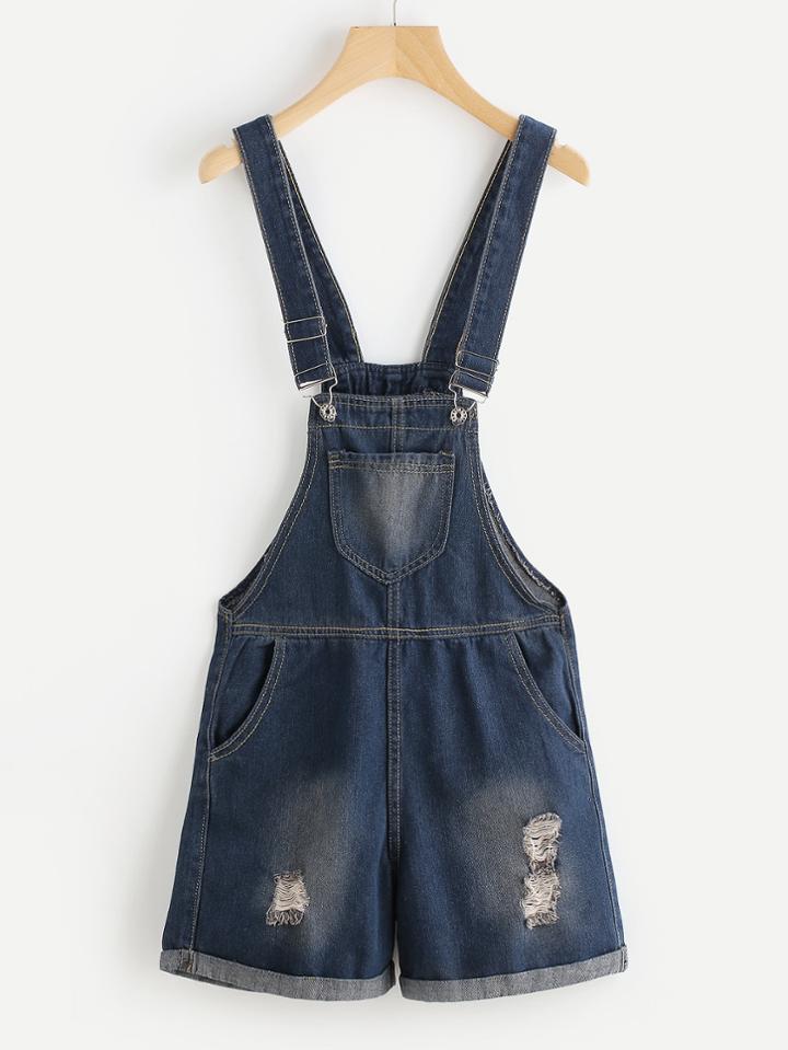 Romwe Destroyed Rolled Hem Denim Overall Shorts