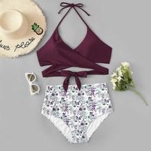 Romwe Plus Wrap Halter Top With Floral Bikini Set