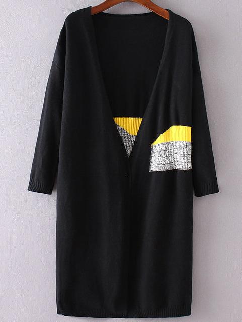 Romwe Black Patchwork Drop Shoulder Long Cardigan