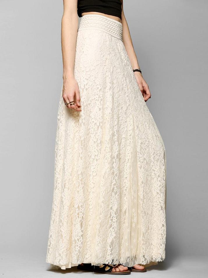 Romwe Elastic Waist Lace Embroidered Beige Skirt