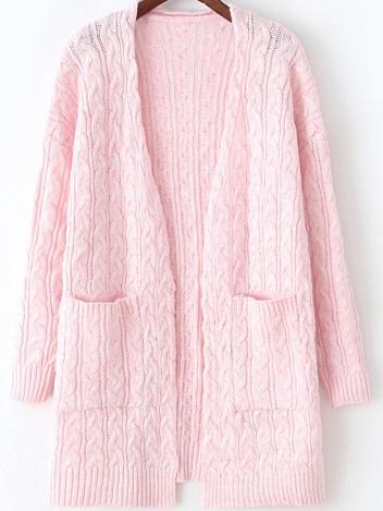 Romwe Long Sleeve Cable Knit Pockets Pink Coat