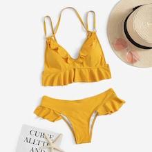 Romwe Ruffle Seam Top With Low Rise Bikini