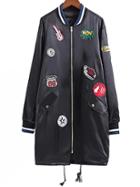 Romwe Embroidered Patch Stripe Trim Long Drawstring Flight Jacket