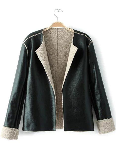 Romwe Black Seam Pu Jacket With Faux Shearling Lining