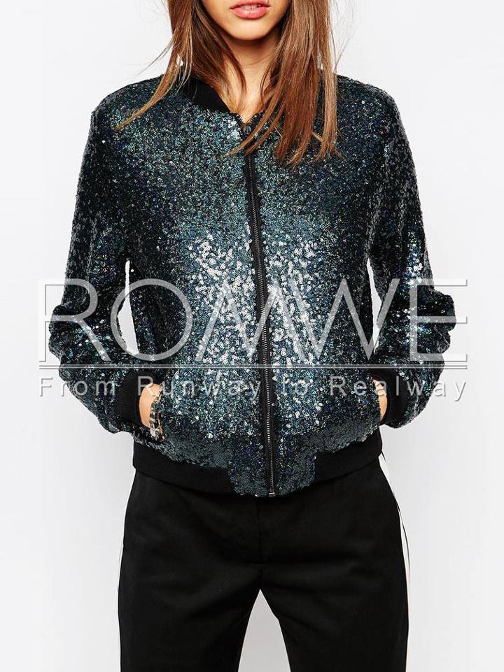 Romwe Blue Long Sleeve Sequined Jacket