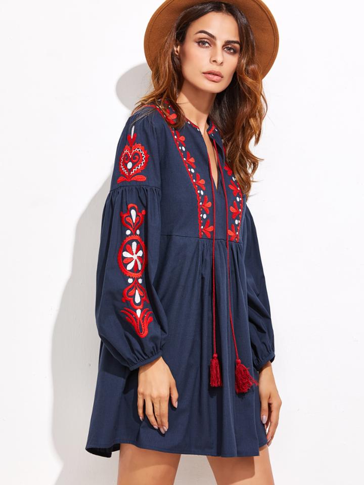 Romwe Embroidered Tassel Detail Smock Dress