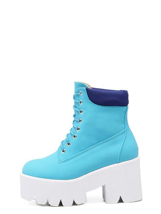 Romwe Blue Round Toe Lace Up Platform Boots