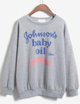 Romwe Cartoon Letters Print Loose Grey Sweatshirt