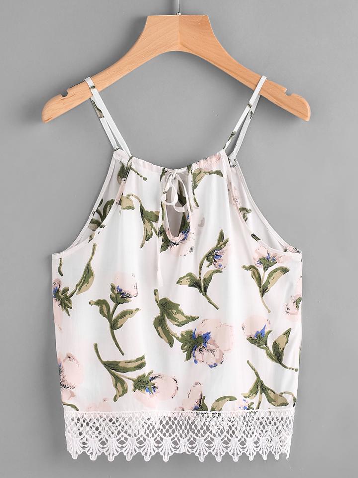 Romwe Florals Keyhole Back Lace Hem Cami Top