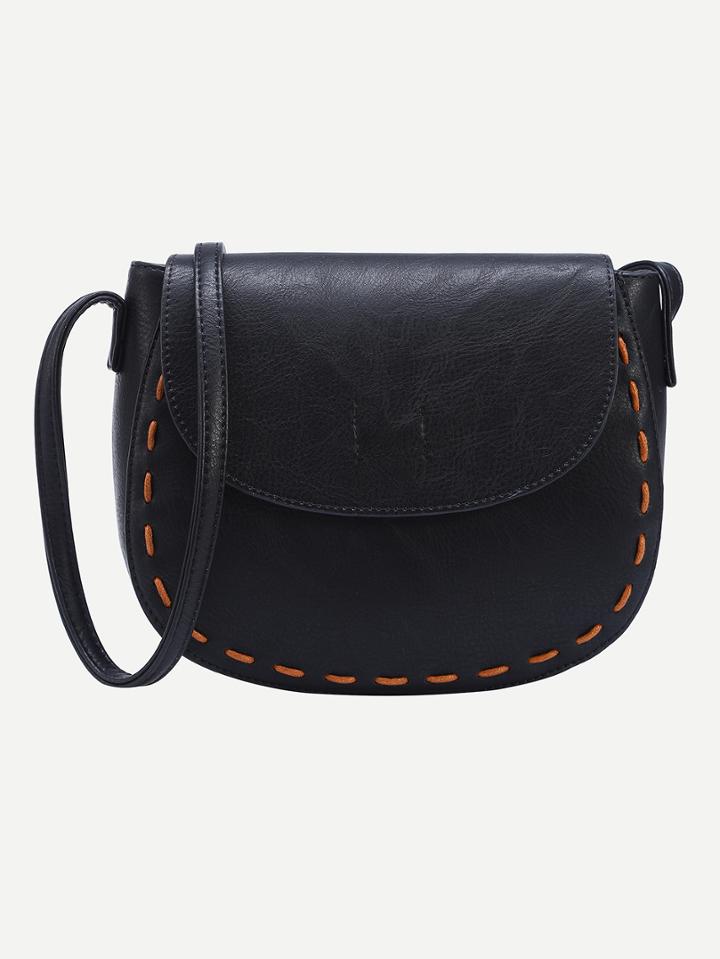 Romwe Faux Leather Interlaced Trim Saddle Bag - Black