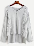 Romwe Grey V Neck High Low Fringe Sweater