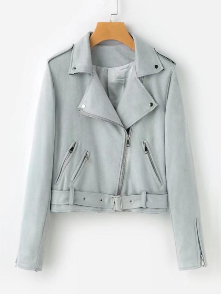 Romwe Suede Moto Jacket With Belt
