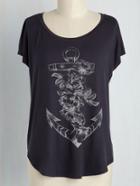 Romwe Black Rose And Anchor Print High Low T-shirt