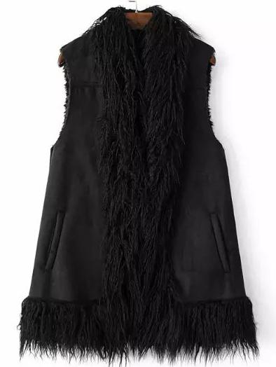 Romwe Faux Fur Pockets Black Vest