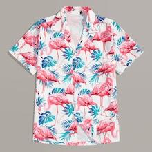 Romwe Guys Flamingo Print Notched Hawaiian Shirt