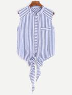 Romwe Blue Vertical Striped Tie Front Sleeveless Blouse