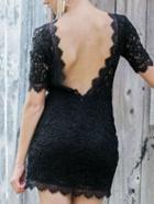 Romwe Backless Lace Bodycon Dress - Black
