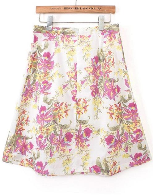 Romwe White High Waist Floral Pleated Skirt