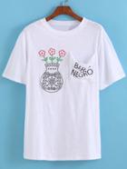 Romwe With Pocket Vase Embroidered T-shirt