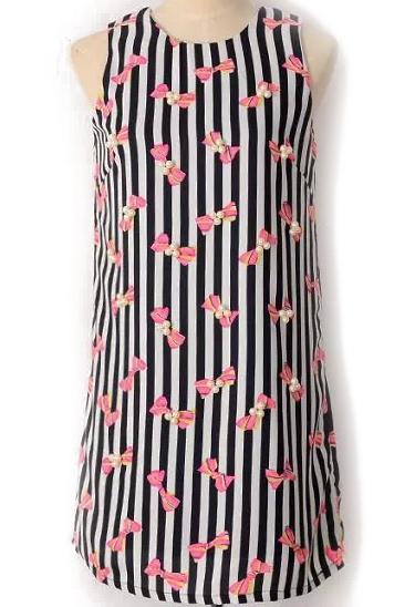 Romwe Vertical Stripe Bow Bead Dress