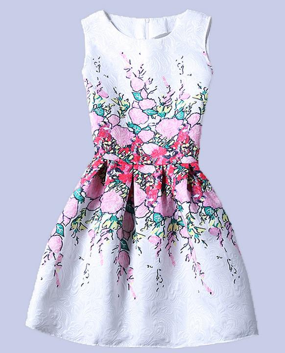Romwe Flower Print Fit & Flare Sleeveless Dress - White