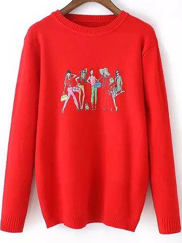Romwe Round Neck Cartton Print Red Sweater