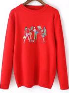 Romwe Round Neck Cartton Print Red Sweater