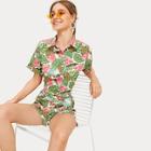 Romwe Plants And Fruit Print Top With Shorts