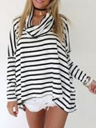 Romwe White Black Turtleneck Striped Sweater