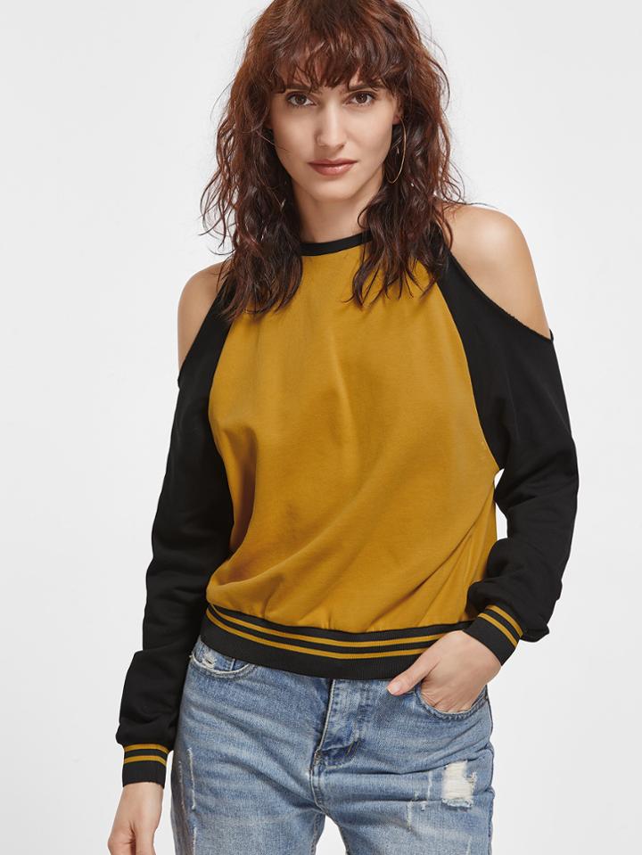 Romwe Contrast Striped Trim Open Shoulder Ruffle Sleeve Sweatshirt