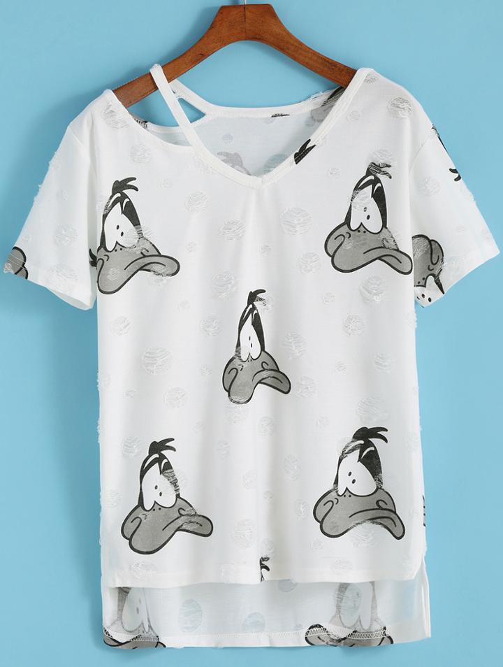 Romwe Dip Hem Duck Print Black T-shirt