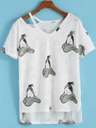 Romwe Dip Hem Duck Print Black T-shirt