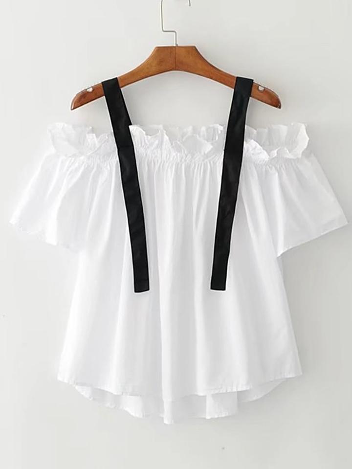 Romwe Contrast Strap Frill Trim High Low Top