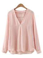 Romwe Nude Dip Hem V Neck Long Sleeve Blouse