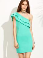 Romwe Green Ruffle One Shoulder Sheath Dress