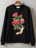 Romwe Black Flower Embroidered Long Sleeve Sweatshirt