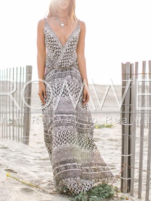 Romwe Black White Spaghetti Strap Vintage Print Maxi Dress