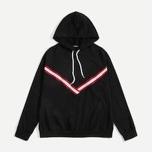 Romwe Guys V Striped Tape Drawstring Hoodie