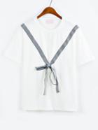 Romwe Striped Ribbon Tape Embellished T-shirt - White