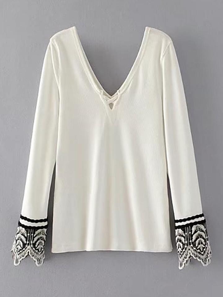 Romwe Double V Neck Contrast Lace Cuff Top