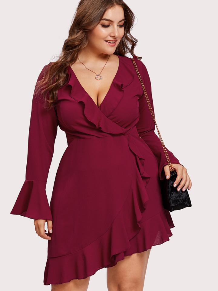 Romwe Flounce Trim Surplice Wrap Dress