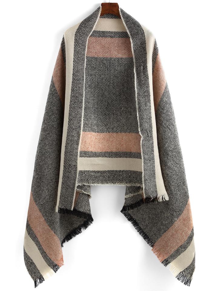 Romwe Color-block Striped Fringe Scarf