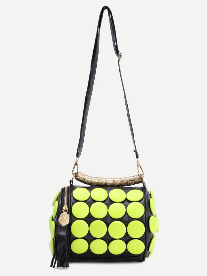 Romwe Fluorescent Yellow Button Embellished Zipper Fringe Barrel Bag