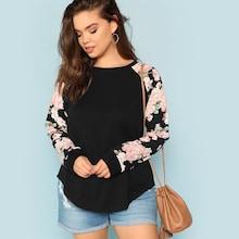 Romwe Plus Round Neck Floral Raglan Sleeve Top