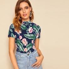 Romwe Mock Neck Tropical Print Tee